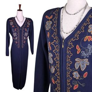 Carole Little Wool Embroidered Sweater Maxi Dress Western‎ Boho Floral Large 90s